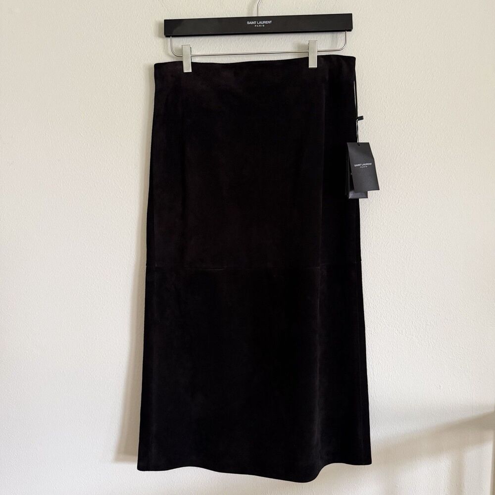 NWT Saint Laurent Black Suede Leather A-Line Midi Skirt Back Slit Size 40 YSL